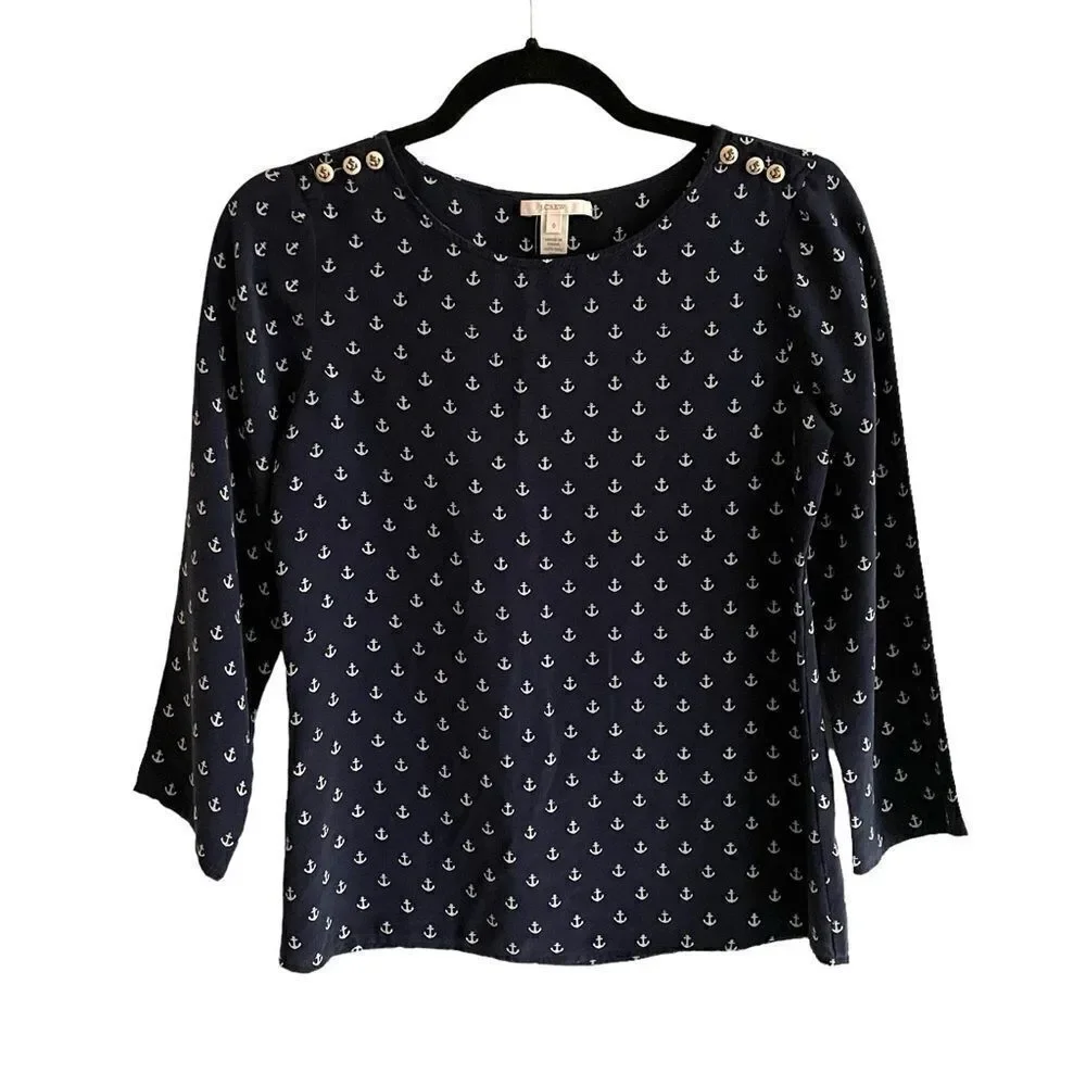 J. CREW Silk Popover Blouse Shirt With Anchor Nautical Print Navy Blue White 0